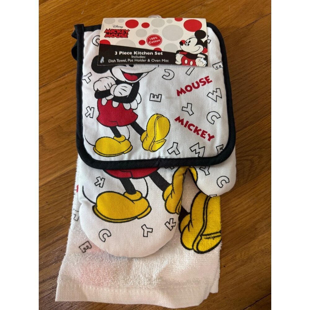 Disney Mickey Mouse 3-Piece Kitchen Set Dish Towel Oven Mitt Pot Holder NEW